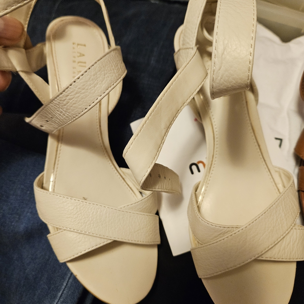 Lauren Ralph Lauren Ivory Leather Crisscross Ankle Strap Heels